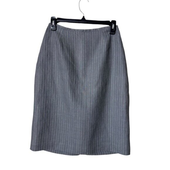 Vintage Linen Pencil Skirt Size 6 Dead Stock Grey Pin Stripe Preppy Twee Career - Picture 1 of 8